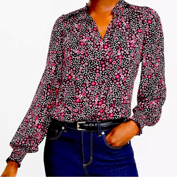 LOFT Tops - LOFT Floral Smocked Cuff Tie Neck Mixed Media Blouse - Size L